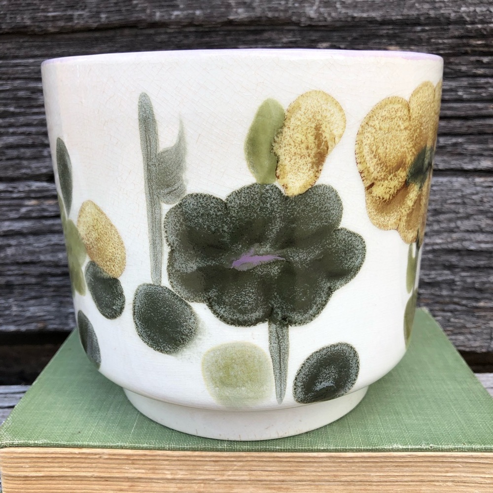 Crown Lynn Ironstone Boho Planter with floral motif Ceramic golden yellow green - Picture 4 of 16